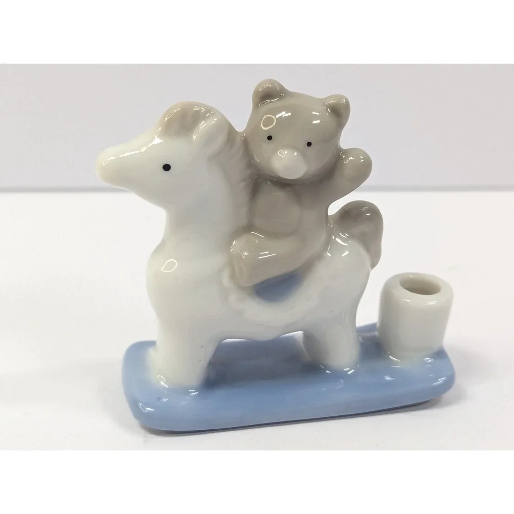 Biedermann Mini Taper Candle Holder Teddy Bear‎ on Horse Pony Porcelain Figurine